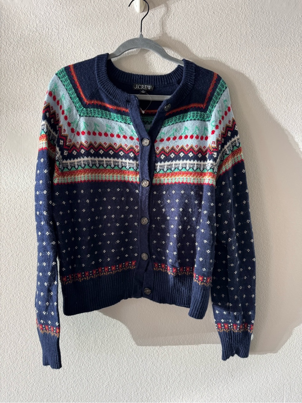 J. Crew Navy Fair Isle Button-Up Cardigan with Multicolor Yoke